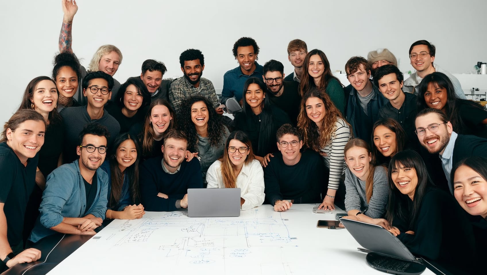 JulyWork engineers and designers working together at a whiteboard and laptops in the lab