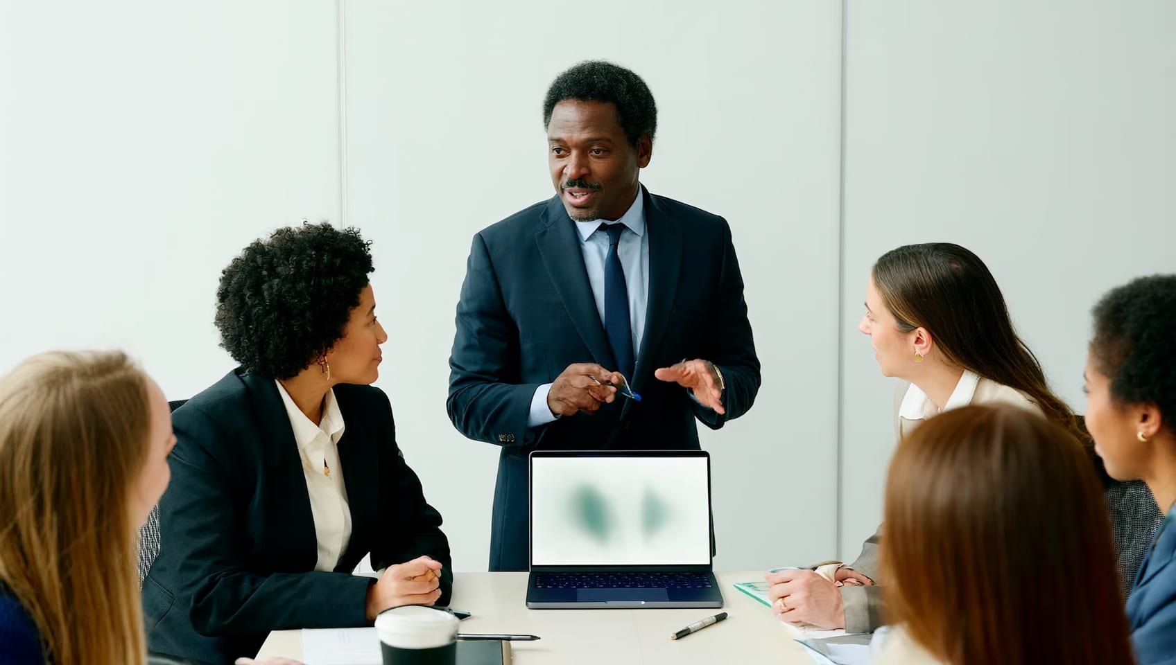A managing broker leading a morning huddle with agents around a shared screen showing live business data