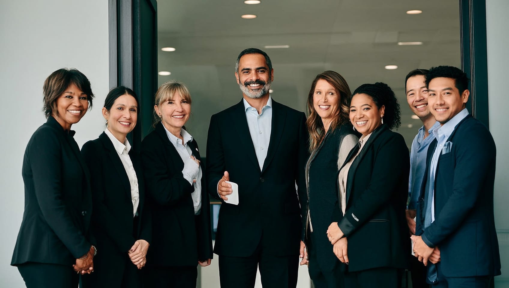 A managing broker welcoming a group of new agents into a modern brokerage office